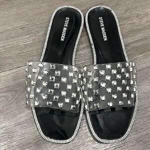 Steve Madden size 8 Jynn Clear Rhinestones Flat Slides. Worn one time. Like new!